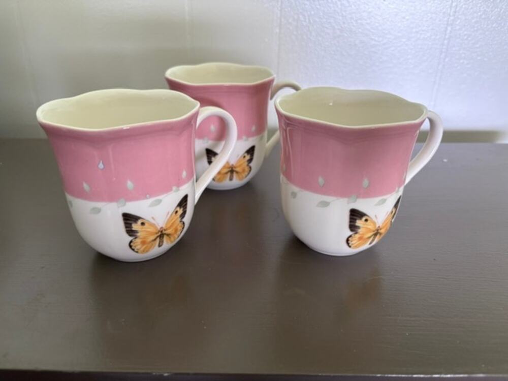 Lenox Butterfly Meadow Pink Band Mugs Set of 3 Tiger Swallowtail 10‎ oz